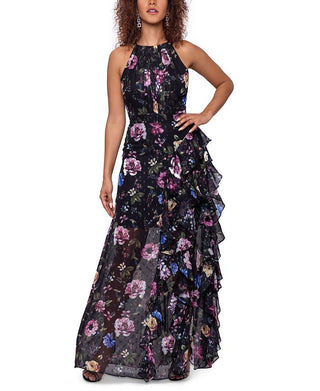 Vestido plissado metálico com babados Betsy &amp; Adam feminino, preto, tamanho 6