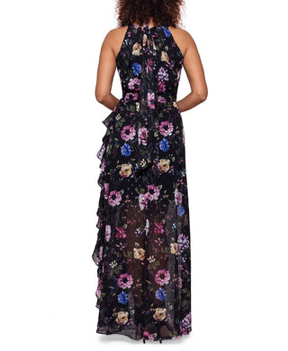 Vestido plissado metálico com babados Betsy &amp; Adam feminino, preto, tamanho 6