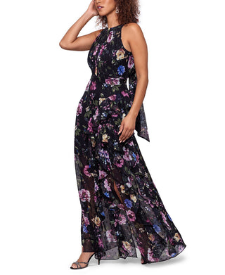 Vestido plissado metálico com babados Betsy &amp; Adam feminino, preto, tamanho 6