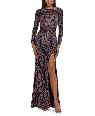 Betsy & Adam Women's Sequin Tapestry Long Sleeve Sheath Gown Black Size 14