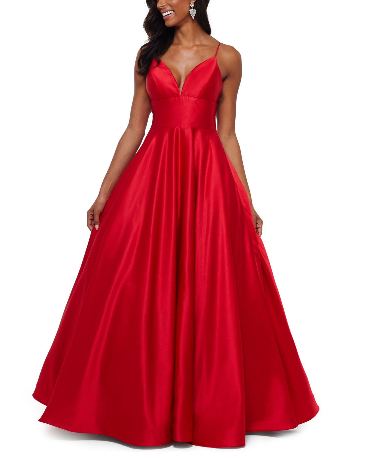 Vestido de baile feminino Betsy &amp; Adam, de cetim, com decote em V, vermelho, tamanho 2