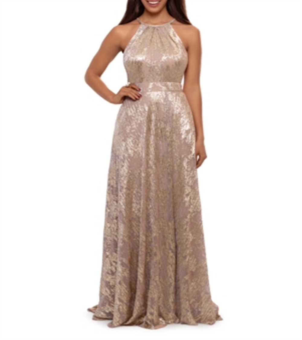 Vestido Halter de Malha Foil Aqua Feminino Dourado Tamanho 0