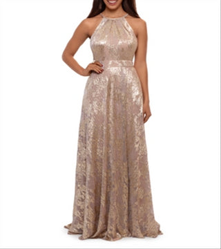 Vestido Halter de Malha Foil Aqua Feminino Dourado Tamanho 0