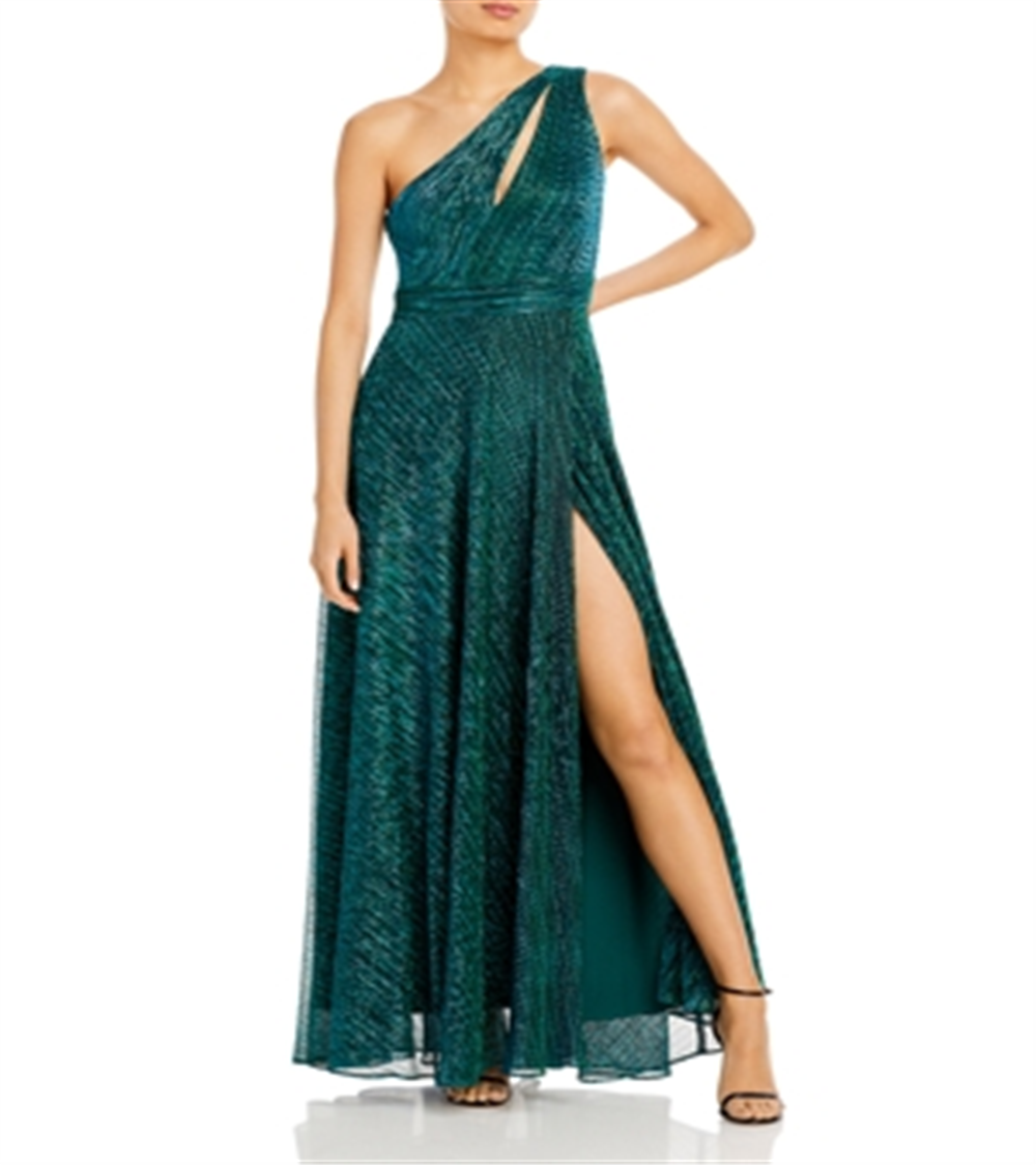 Vestido feminino Aqua com um ombro só, amassado, metálico, verde, tamanho 8