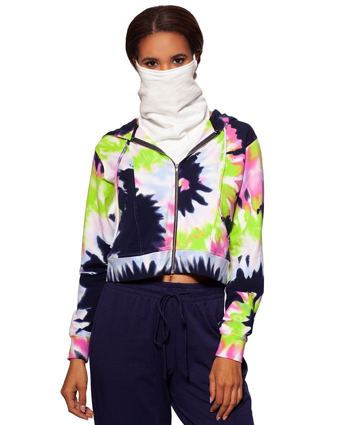 Betsy & Adam Women's Cropped Tie Dye Zip Hoodie White Size Large