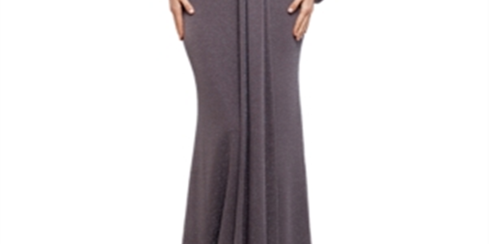 Vestido de malha metálica feminino Betsy &amp; Adam, manga comprida, cinza, tamanho 8