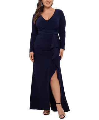Betsy & Adam Women's V Neck Gown With Matching Mask Blue Size Petite Small