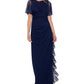 Vestido formal longo Betsy &amp; Adam feminino, com zíper, franzido, mangas bufantes, decote canoa, azul, tamanho 4
