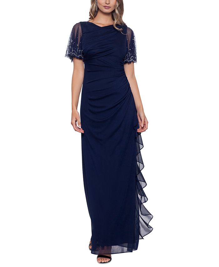 Vestido formal longo Betsy &amp; Adam feminino, com zíper, franzido, mangas bufantes, decote canoa, azul, tamanho 4