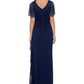 Vestido formal longo Betsy &amp; Adam feminino, com zíper, franzido, mangas bufantes, decote canoa, azul, tamanho 4