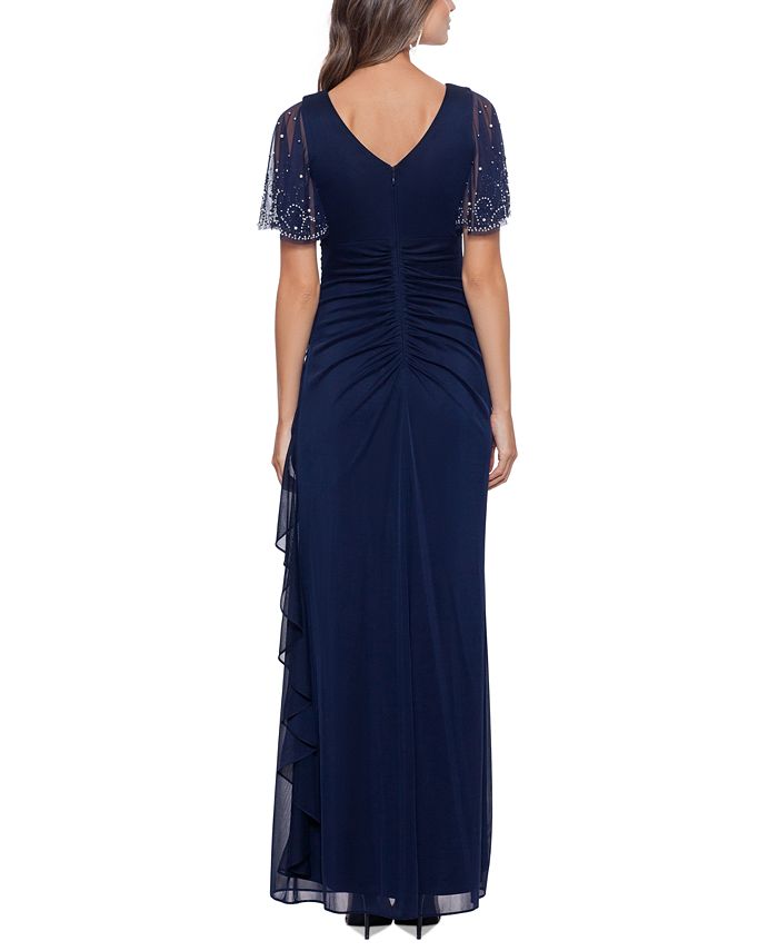 Vestido formal longo Betsy &amp; Adam feminino, com zíper, franzido, mangas bufantes, decote canoa, azul, tamanho 4
