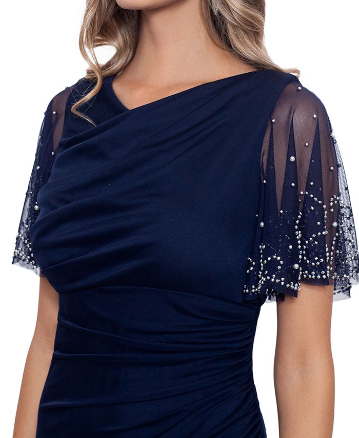 Vestido formal longo Betsy &amp; Adam feminino, com zíper, franzido, mangas bufantes, decote canoa, azul, tamanho 4