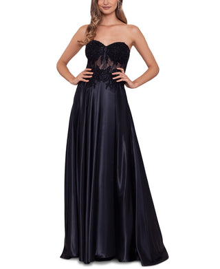 Blondie Nites Junior's Illusion Applique Charmeuse Gown Black Size 7