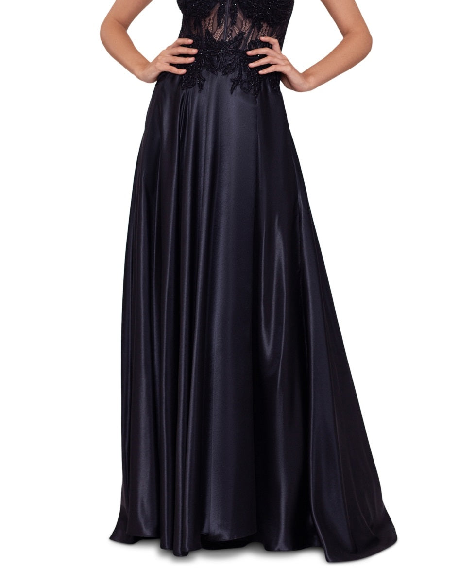 Blondie Nites Junior's Illusion Applique Charmeuse Vestido Preto Tamanho 15