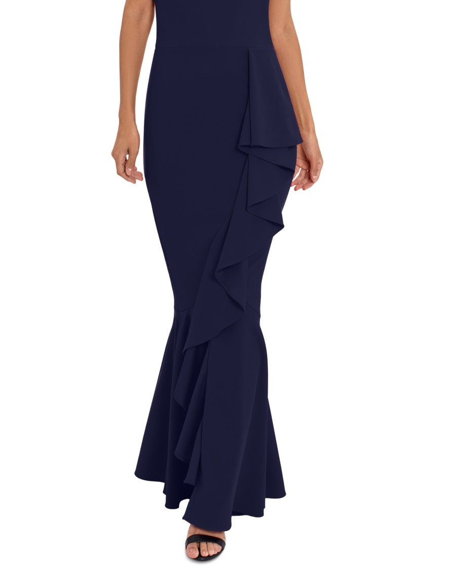 Vestido de festa feminino Betsy &amp; Adam, gola falsa, azul, tamanho 6