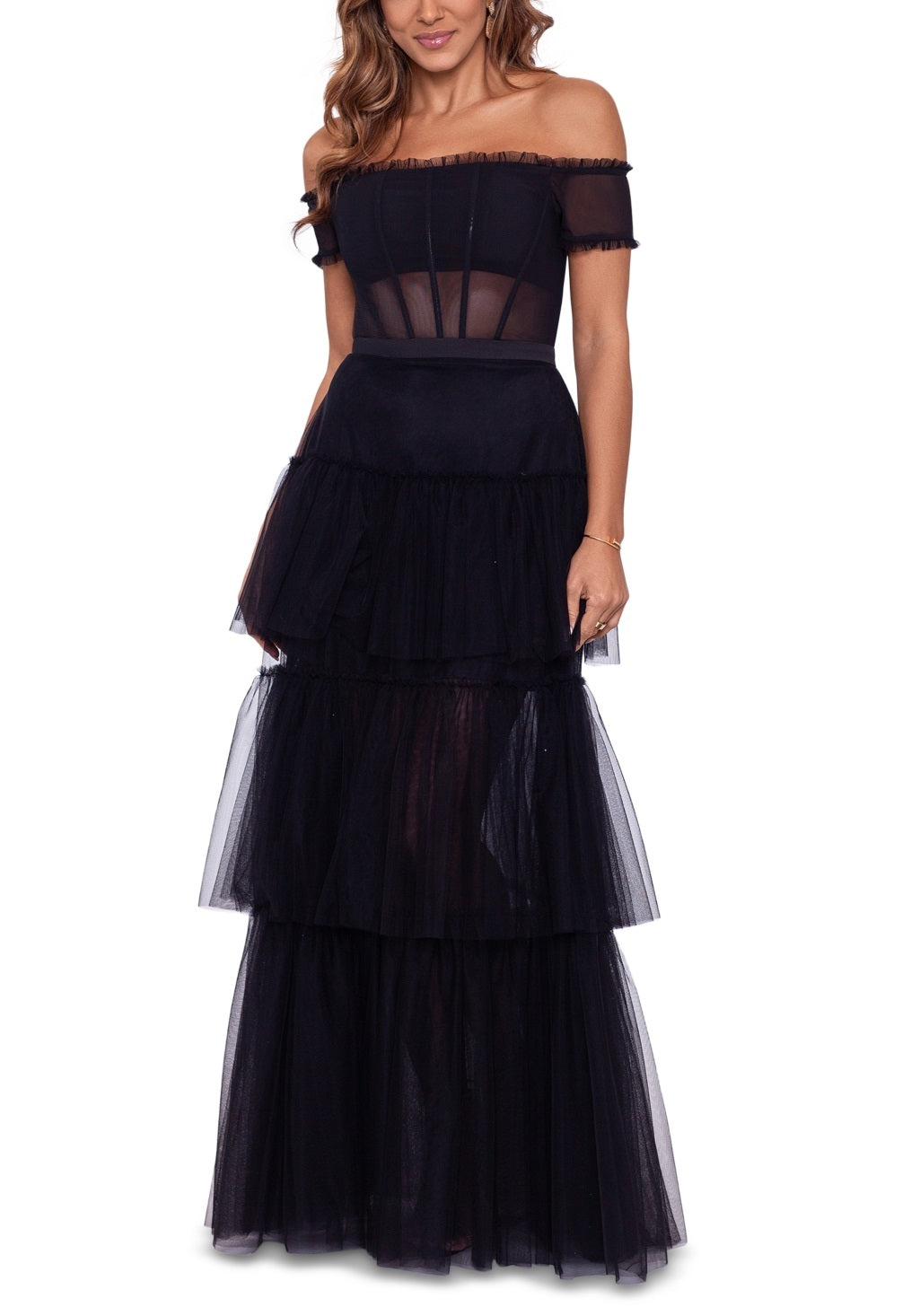 Vestido de festa Betsy &amp; Adam feminino com babados e ombros de fora, em camadas, preto, tamanho 8