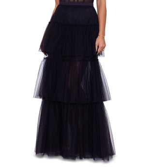 Vestido de festa Betsy &amp; Adam feminino com babados e ombros de fora, em camadas, preto, tamanho 8