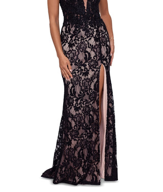Vestido de renda com decote em V feminino Betsy &amp; Adam, preto, tamanho 12