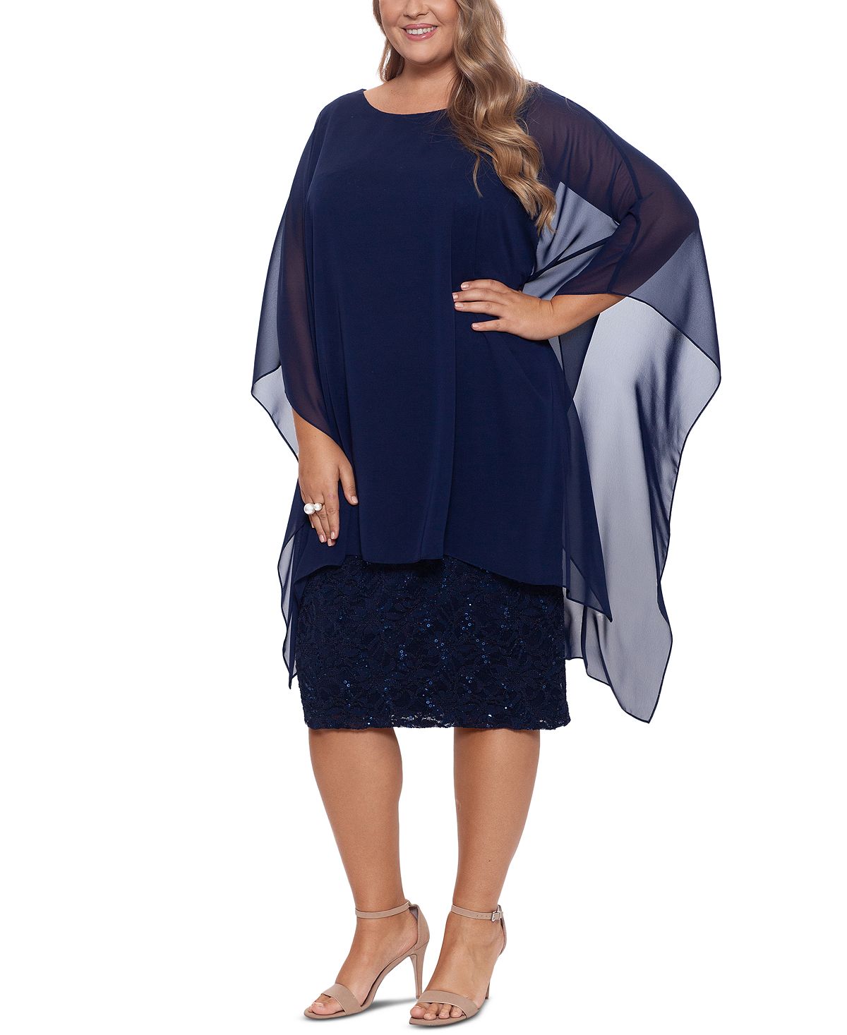 Vestido de renda com sobreposição de chiffon e lantejoulas Betsy &amp; Adam para mulheres, tamanho azul, pequeno e pequeno