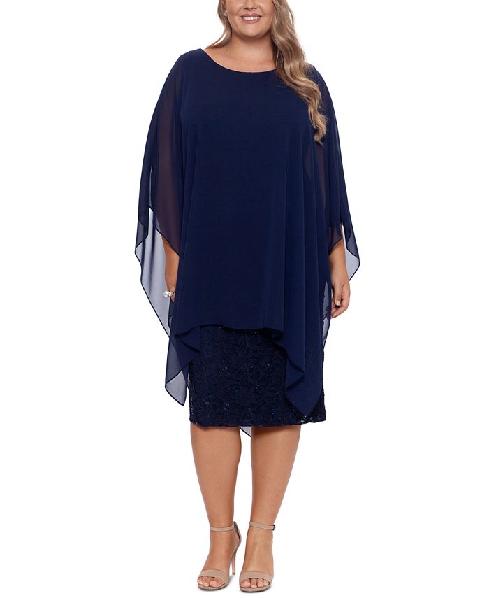 Vestido de renda com sobreposição de chiffon e lantejoulas Betsy &amp; Adam para mulheres, azul, tamanho 18W