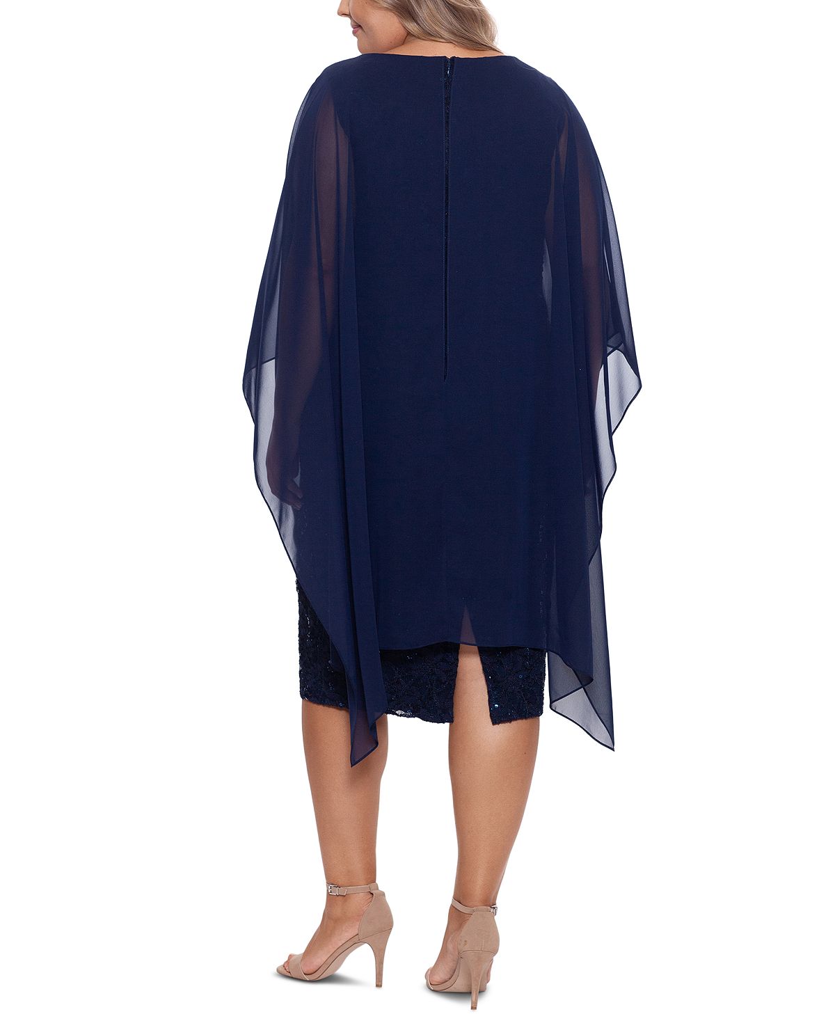 Vestido de renda com sobreposição de chiffon e lantejoulas Betsy &amp; Adam para mulheres, azul, tamanho 18W