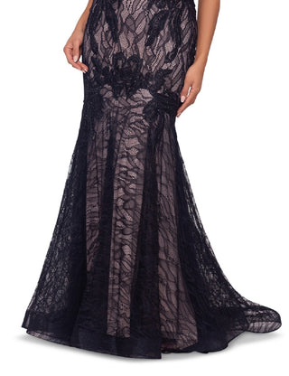 Vestido de festa Betsy &amp; Adam feminino, decote em V, apliques de renda, estilo sereia, preto, tamanho 10
