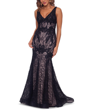 Vestido de festa Betsy &amp; Adam feminino, decote em V, apliques de renda, estilo sereia, preto, tamanho 10