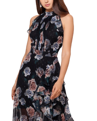 Vestido de chiffon com estampa floral e babados Betsy &amp; Adam para mulheres, preto, tamanho 12, pequeno