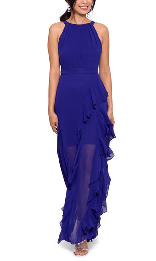 Vestido feminino Betsy &amp; Adam com decote halter e babados, azul, tamanho 4