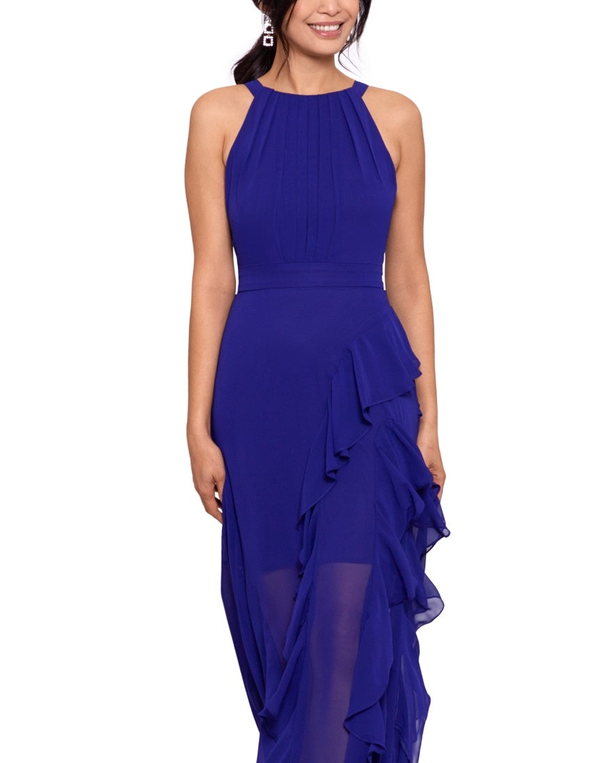 Vestido feminino Betsy &amp; Adam com decote halter e babados, azul, tamanho 4