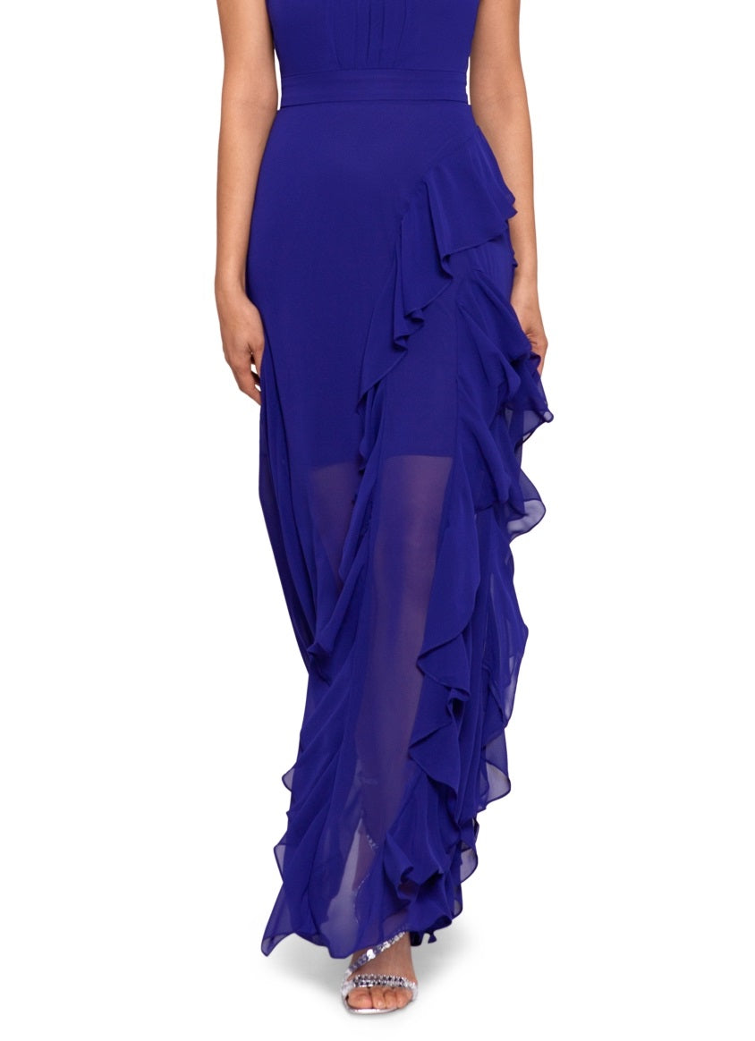 Vestido feminino Betsy &amp; Adam com decote halter e babados, azul, tamanho 4