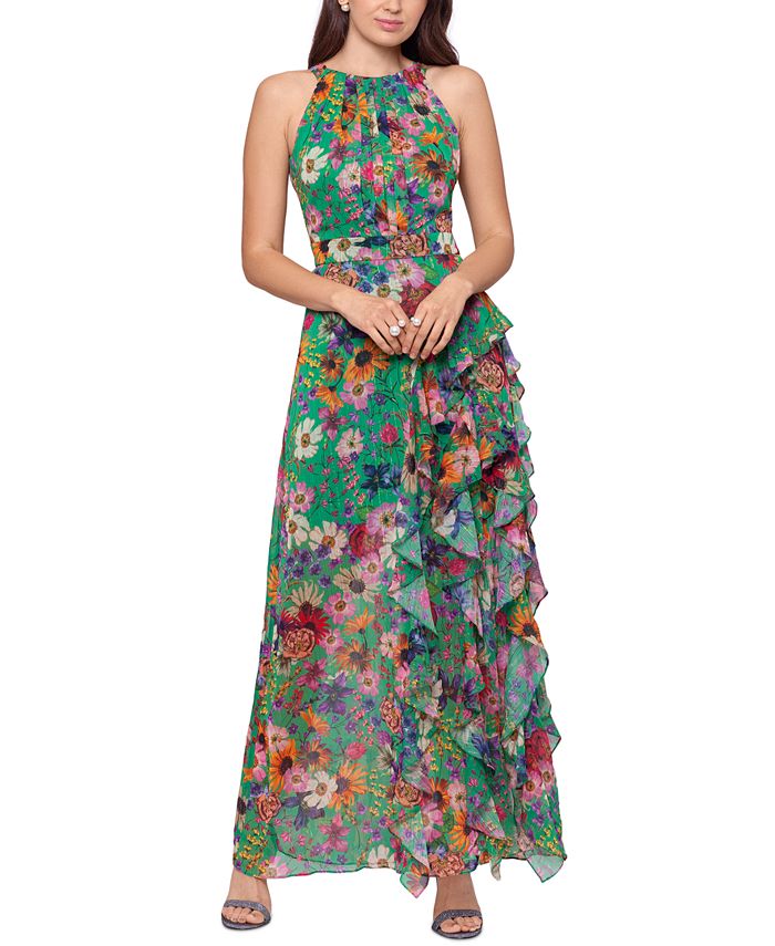 Vestido longo floral com babados Betsy &amp; Adam feminino, verde, tamanho 6, pequeno