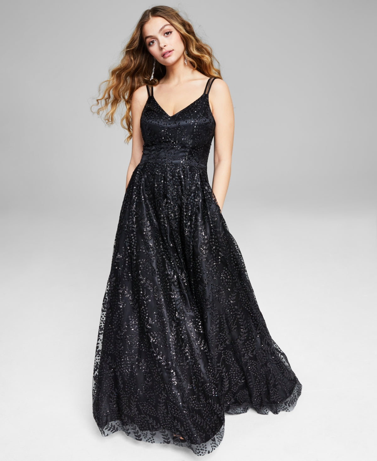 Vestido de baile de malha com alças brilhantes e ilusão Blondie Nites Junior, preto, tamanho 7