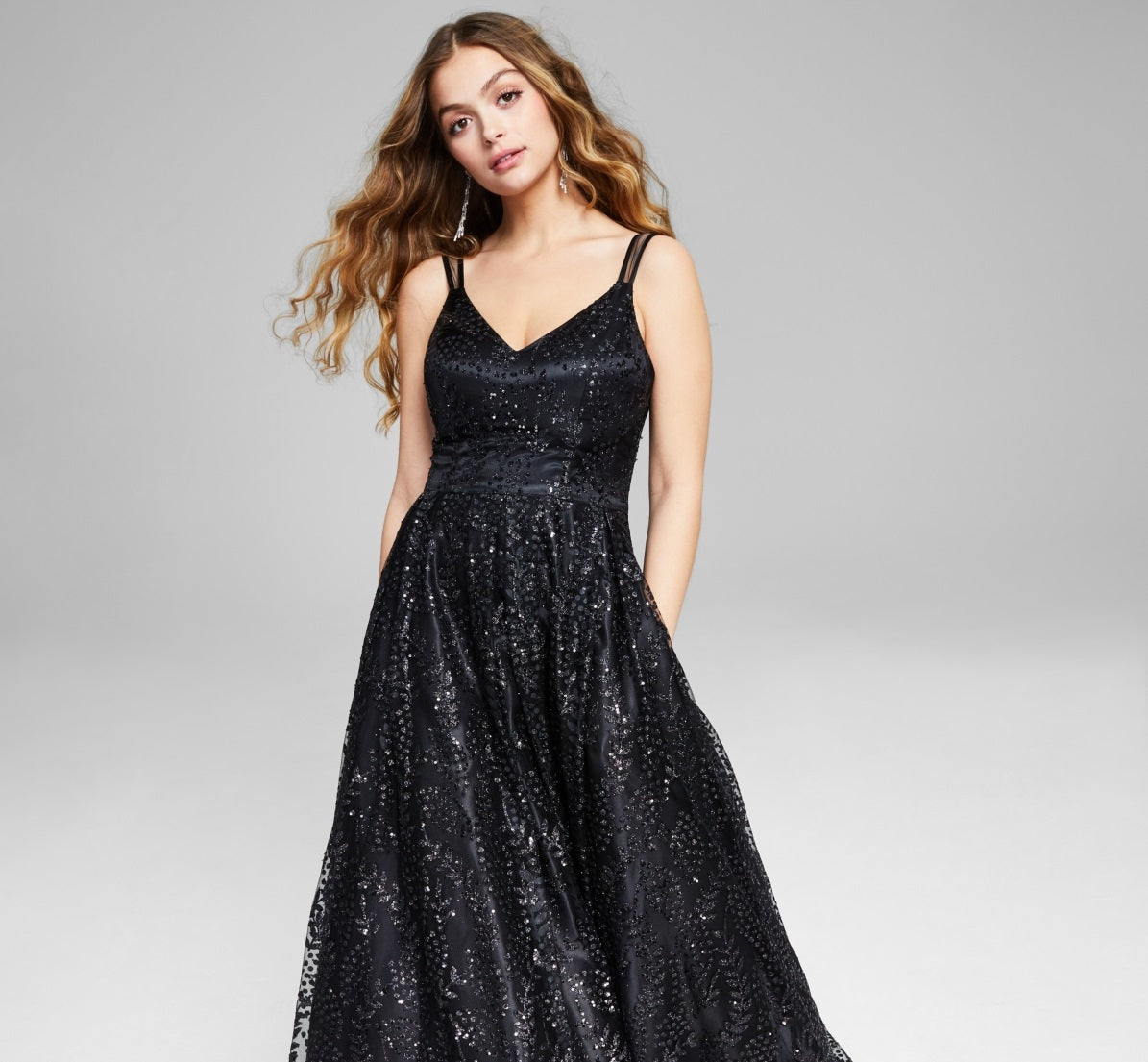 Vestido de baile de malha com alças brilhantes e ilusão Blondie Nites Junior, preto, tamanho 7