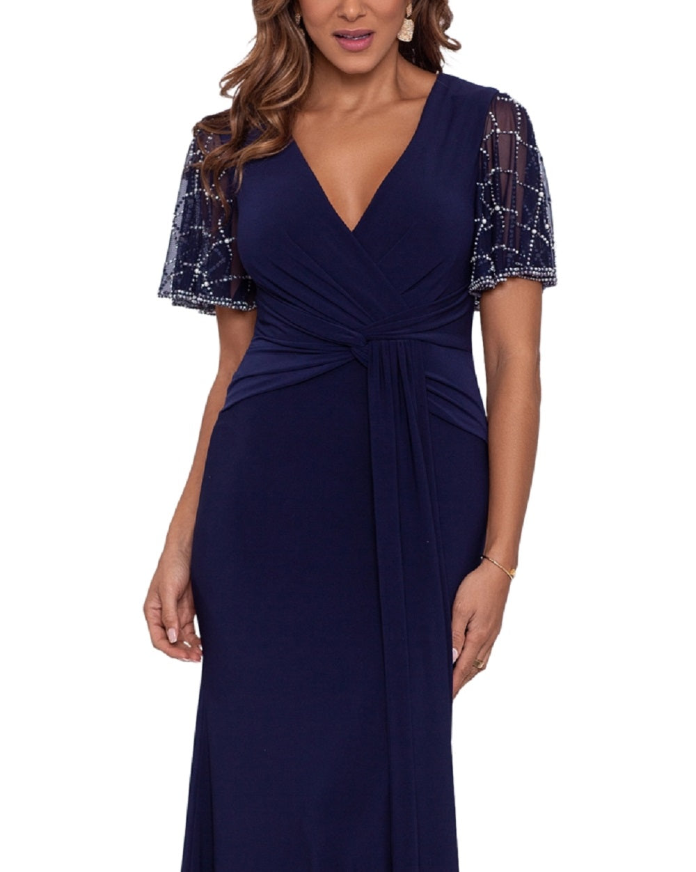 Vestido de festa feminino Betsy &amp; Adam com mangas e contas, azul, tamanho 6