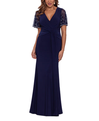 Vestido de festa feminino Betsy &amp; Adam com mangas e contas, azul, tamanho 6