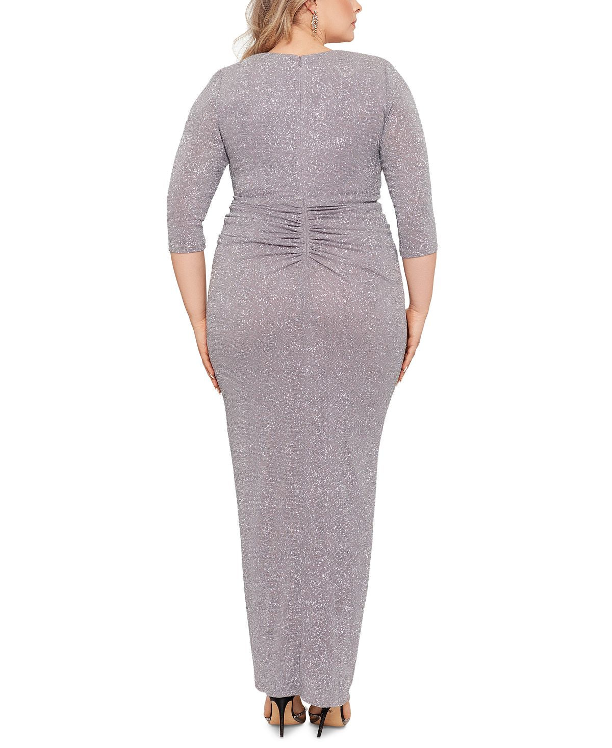 Vestido feminino Betsy &amp; Adam com manga comprida e franzido metálico, cinza, tamanho 22W