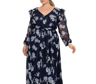 Betsy & Adam Women's Floral Chiffon Gown Blue Size 14W