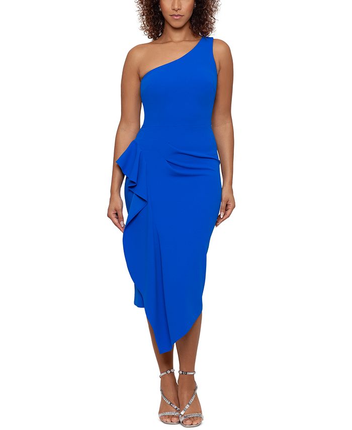 Vestido midi com babados e um ombro só feminino Betsy &amp; Adam, azul, tamanho 14