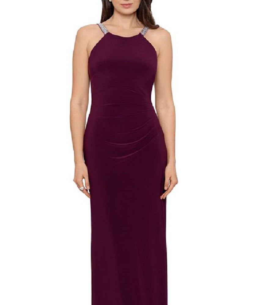 Vestido de festa feminino Betsy &amp; Adam com decote halter e detalhes em vermelho, tamanho 8