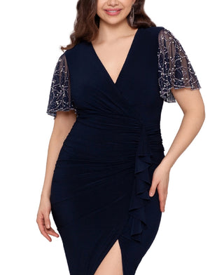 Vestido feminino Betsy &amp; Adam com mangas e babados e contas, azul, tamanho 18W