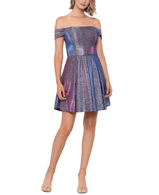 Blondie Nites Junior's Off The Shoulder Shimmering Fit & Flare Dress Gray Size 3
