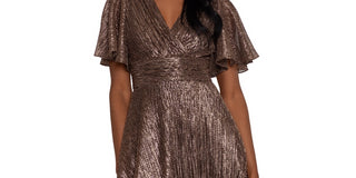 Vestido metálico com decote em V e mangas esvoaçantes Betsy &amp; Adam feminino, preto, tamanho 4