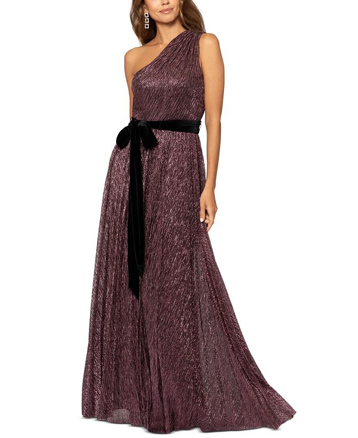 Vestido metálico feminino Betsy &amp; Adam com um ombro só e amarração na cintura, rosa, tamanho 8