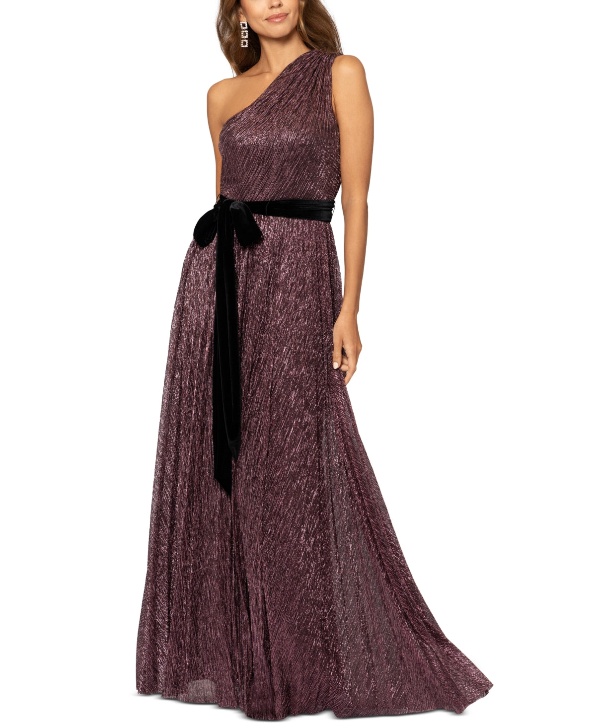 Vestido metálico feminino Betsy &amp; Adam com um ombro só e amarração na cintura, rosa, tamanho 8