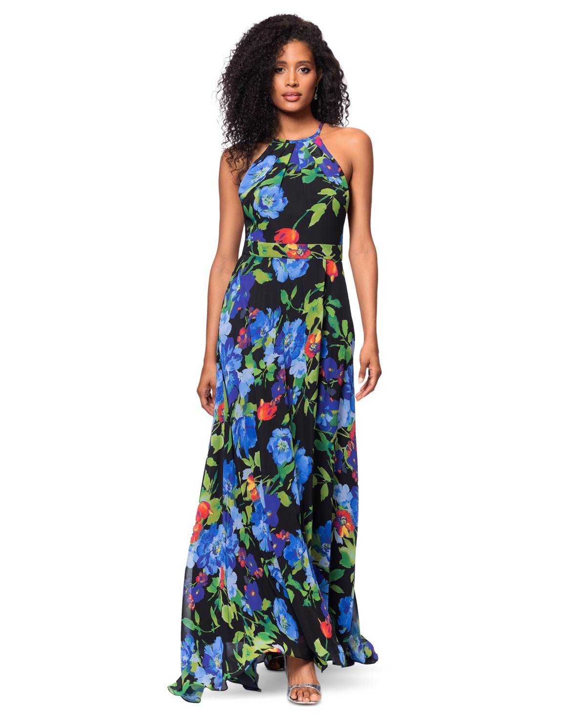 Betsy & Adam Womens Printed Chiffon Halter Neck Gown Black Multi