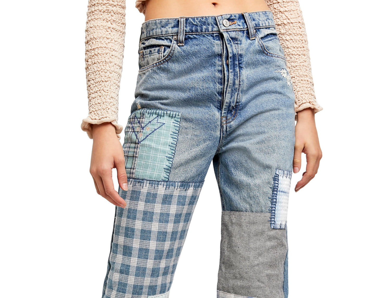 Calça jeans feminina Steinbeck Patchwork cintura alta perna reta azul tamanho 32 da Free People