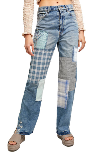 Calça jeans feminina Steinbeck Patchwork cintura alta perna reta azul tamanho 32 da Free People