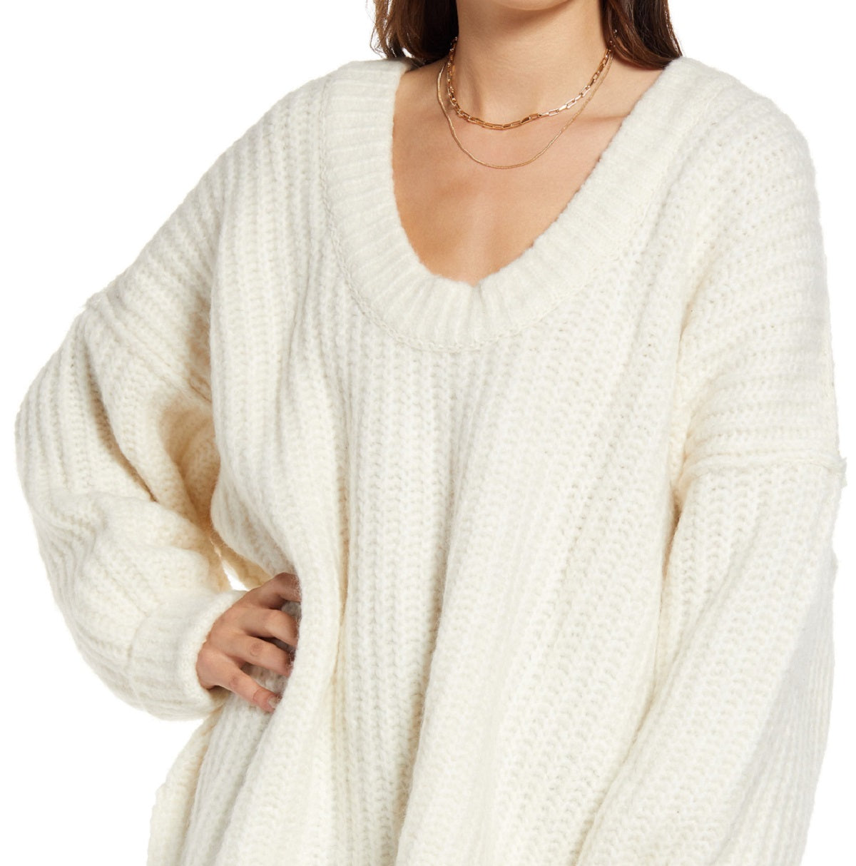 Suéter feminino Free People Blue Bell com decote em V, bege, tamanho extrapequeno