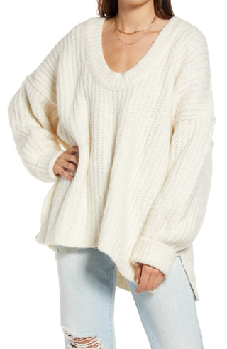 Suéter feminino Free People Blue Bell com decote em V, bege, tamanho extrapequeno